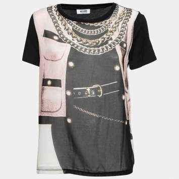 Pre Owned Moschino Cheap and Chic Black Cotton Chain Printed Layover Crew Neck Top M