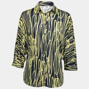 Pre Owned Moschino Cheap and Chic Navy Blue and Yellow Printed Jersey Dolman Sleeve Shirt S