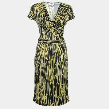 Pre Owned Moschino Cheap and Chic Navy Blue & Yellow Printed Silk Jersey Dress S