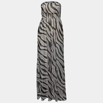 Pre Owned Moschino Cheap and Chic Black & White Printed Chiffon Strapless Dress M