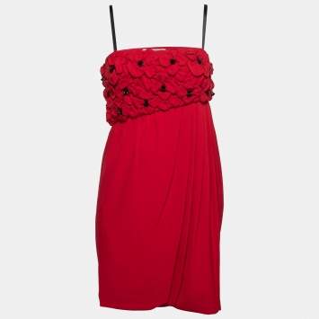 Pre Owned Moschino Cheap And Chic Red Silk Floral Embellished Pleated Short Dress M