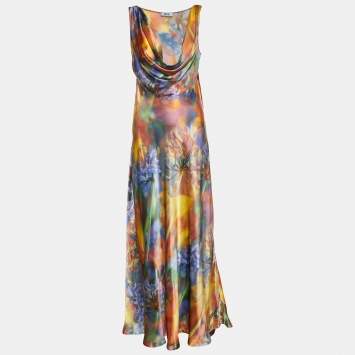 Pre Owned Moschino Cheap and Chic Multicolour Printed Satin Silk Maxi Dress L