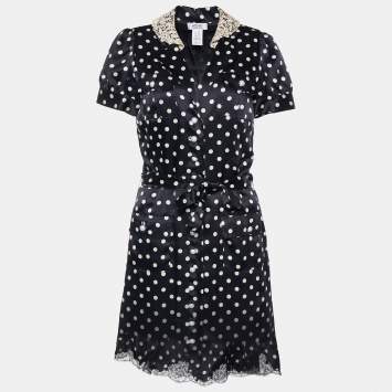Pre Owned Moschino Cheap and Chic Black Polka Dot Silk Satin Belted Shirt Dress M