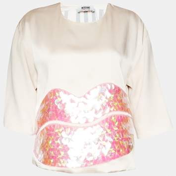 Pre Owned Moschino Cheap and Chic Light Pink Satin Lip Sequin Embellished Top M