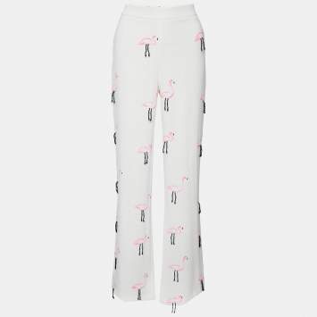 Pre Owned Moschino Cheap and Chic Runway White Printed Crepe Embellished Wide Leg Pants M