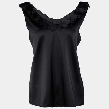 Pre Owned Moschino Cheap and Chic Black Sateen Pleated Neck Trim Tank Top M