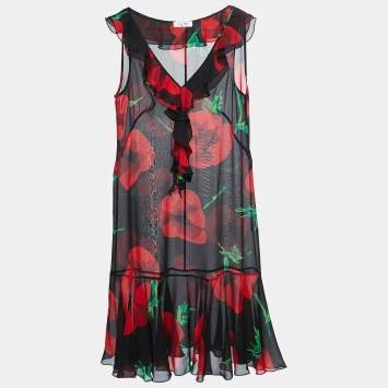 Pre Owned Moschino Cheap and Chic Black Floral Print Silk Chiffon Ruffled Neck Sleeveless Midi Dress L
