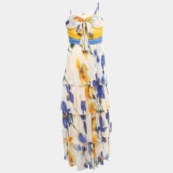 Pre Owned Moschino Cheap and Chic Multicolour Floral Print Silk Floral Print Strappy Tiered Maxi Dress L