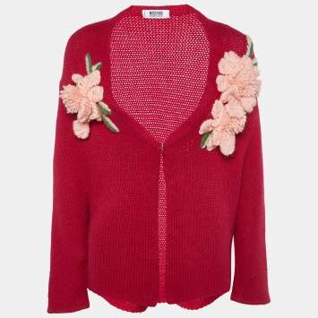 Pre Owned Moschino Cheap and Chic Red Wool Applique Detail Cardigan M