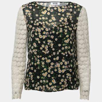 Pre Owned Moschino Cheap and Chic Black Floral Printed Crochet Sleeve Top S