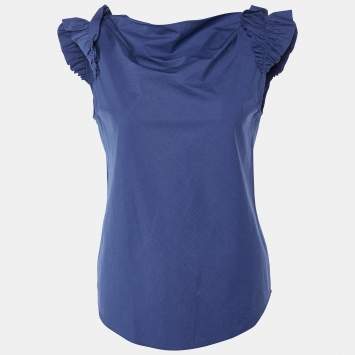 Pre Owned Moschino Cheap and Chic Navy Blue Cotton Ruffle Sleeve Detail Top S