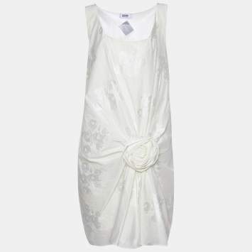 Pre Owned Moschino Cheap and Chic Cream Jacquard Floral Draped Sleeveless Mini Dress L