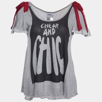 Pre Owned Moschino Cheap and Chic Grey Printed Knit Bow Detail T-shirt M