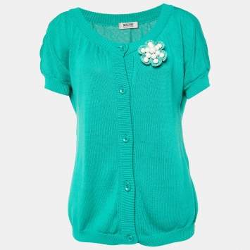 Pre Owned Moschino Cheap & Chic Green Beaded Detail Cardigan L