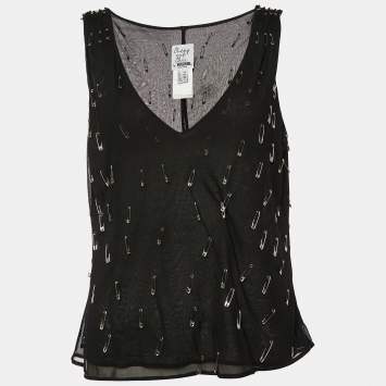 Pre Owned Moschino Cheap and Chic Black Pinned Rayon Sleeveless Blouse M
