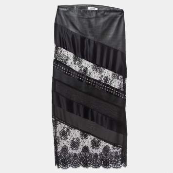 Pre Owned Moschino Cheap and Chic Black Studded Satin & Faux Leather Maxi Skirt M 