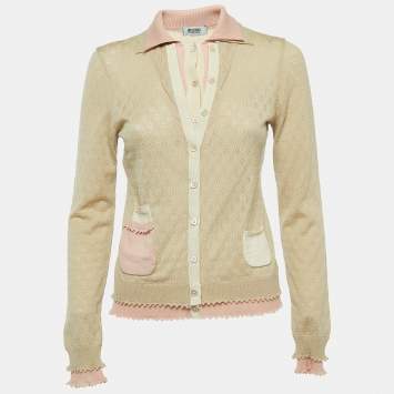 Pre Owned Moschino Cheap and Chic Beige/Pink Perforated Wool Knit Button Front Cardigan M