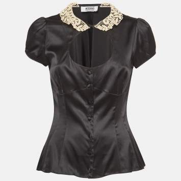 Pre Owned Moschino Cheap and Chic Black Lace Collar Satin Blouse M