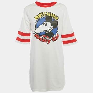 Pre Owned Moschino Couture White Mickey Rat Printed Cotton T-Shirt Dress S