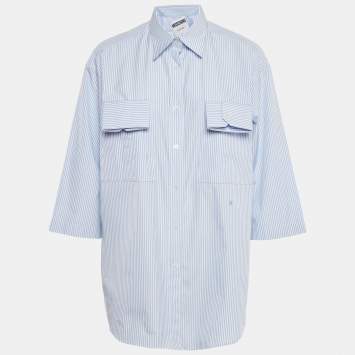 مملوكة مسبقًا Moschino Couture Blue Striped Cotton Cuffed Pocket Shirt S
