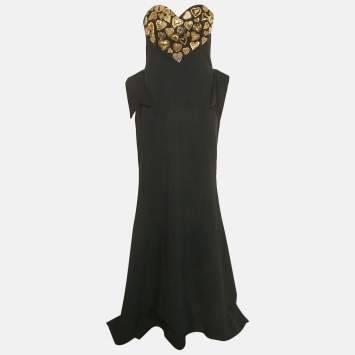 Pre Owned Moschino Couture Black Embellished Neck Sweetheart Neck Strapless Gown M