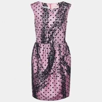 Pre Owned Moschino Couture Pink Printed Satin & Polka Dot Tulle Sleeveless Sheath Dress L