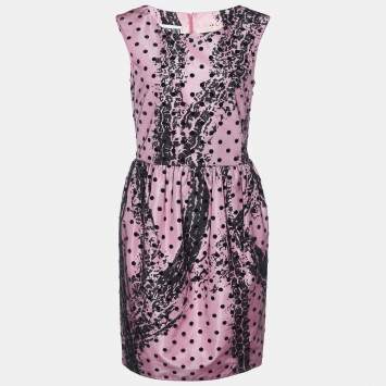 Pre Owned Moschino Couture Pink Printed Satin & Polka Dot Tulle Sleeveless Sheath Dress M