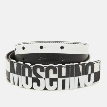 Pre Owned Moschino Black/White Leather Classic Logo Belt 95CM
