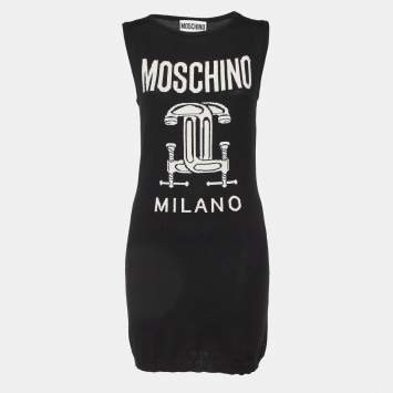 Pre Owned Moschino Couture Black Logo Intarsia Wool Knit Sweater Dress M