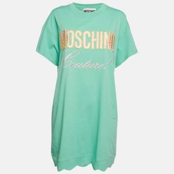 Pre Owned Moschino Couture Green Logo Embroidered Cotton T-Shirt Dress M