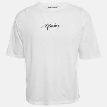 Pre Owned Moschino Couture White Logo Embroidered Cotton Crew Neck T-Shirt L