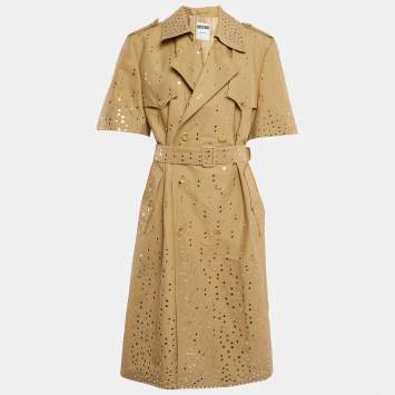 Pre Owned Moschino Couture Dark Beige Mirror Work Embroidery Cotton Blend Trench Coat XL