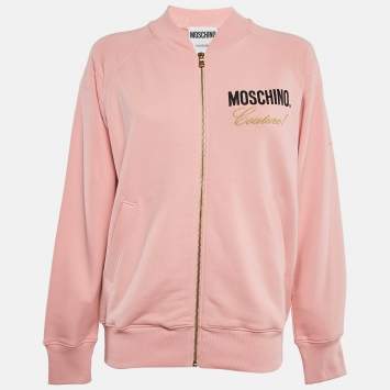 Pre Owned Moschino Couture Pink Embroidered Cotton Knit Zip-Up Jacket S