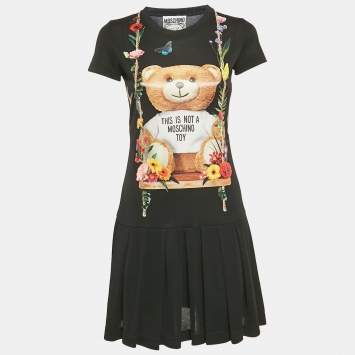 Pre Owned Moschino Couture Black Teddy Print Jersey Pleated Mini Dress XS