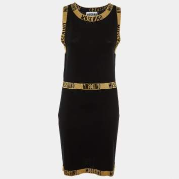 Pre Owned Moschino Couture Black Lurex Logo Detail Knit Dress & Cardigan Set M