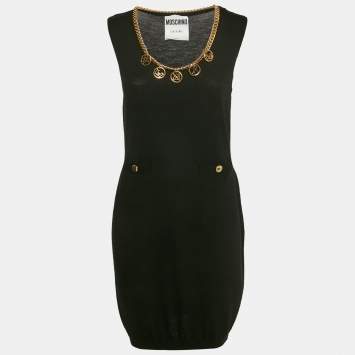 Pre Owned Moschino Couture Black Wool Knit Neck Embellished Mini Dress M