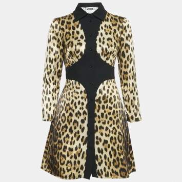 Pre Owned Moschino Couture Brown Leopard Print Cotton Blend Shirt Dress S