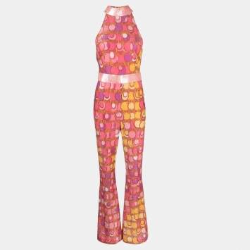 Pre Owned Moschino Couture Pink Printed Lurex Jersey Sequin Trim Jumpsuit XS