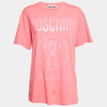 Pre Owned Moschino Couture Pink Logo Print Jersey T-Shirt XS
