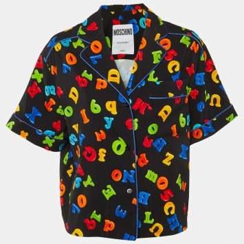 Pre Owned Moschino Couture Black Letter Print Crepe Short Sleeve Shirt L