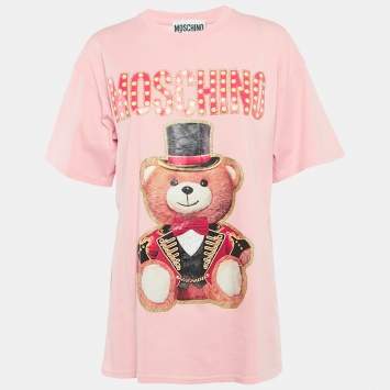 Pre Owned Moschino Couture Pink Glitter Teddy Applique Cotton T-Shirt S
