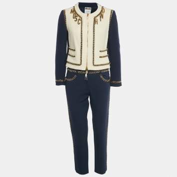 Pre Owned Moschino Couture Navy Blue Tweed & Crepe Chain Detail Jacket & Pants Set M