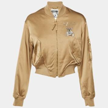 Pre Owned Moschino Couture Beige Teddy Print Synthetic Cropped Bomber Jacket S