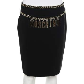 Pre Owned Moschino Couture Black & Gold Logo Chain Detailed Crepe Short Skirt M