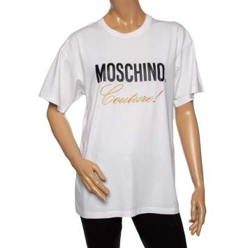 Pre Owned Moschino Couture White Logo Embroidered Cotton Oversized T-Shirt XS
