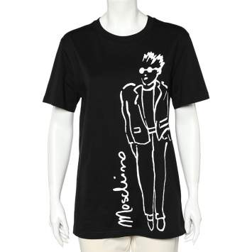 Pre Owned Moschino Couture Black Printed Cotton Crewneck T-Shirt L