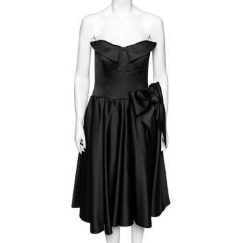 Pre Owned Moschino Couture Black Satin Bow Detail Strapless Pleated Dress M