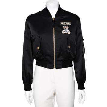 Pre Owned Moschino Couture Black Teddy Print Synthetic Cropped Bomber Jacket S
