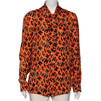 Pre Owned Moschino Couture Orange Printed Silk Neck Tie Detail Shirt L