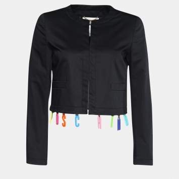 Pre Owned Moschino Couture Black Poplin Logo Charms Cropped Jacket S